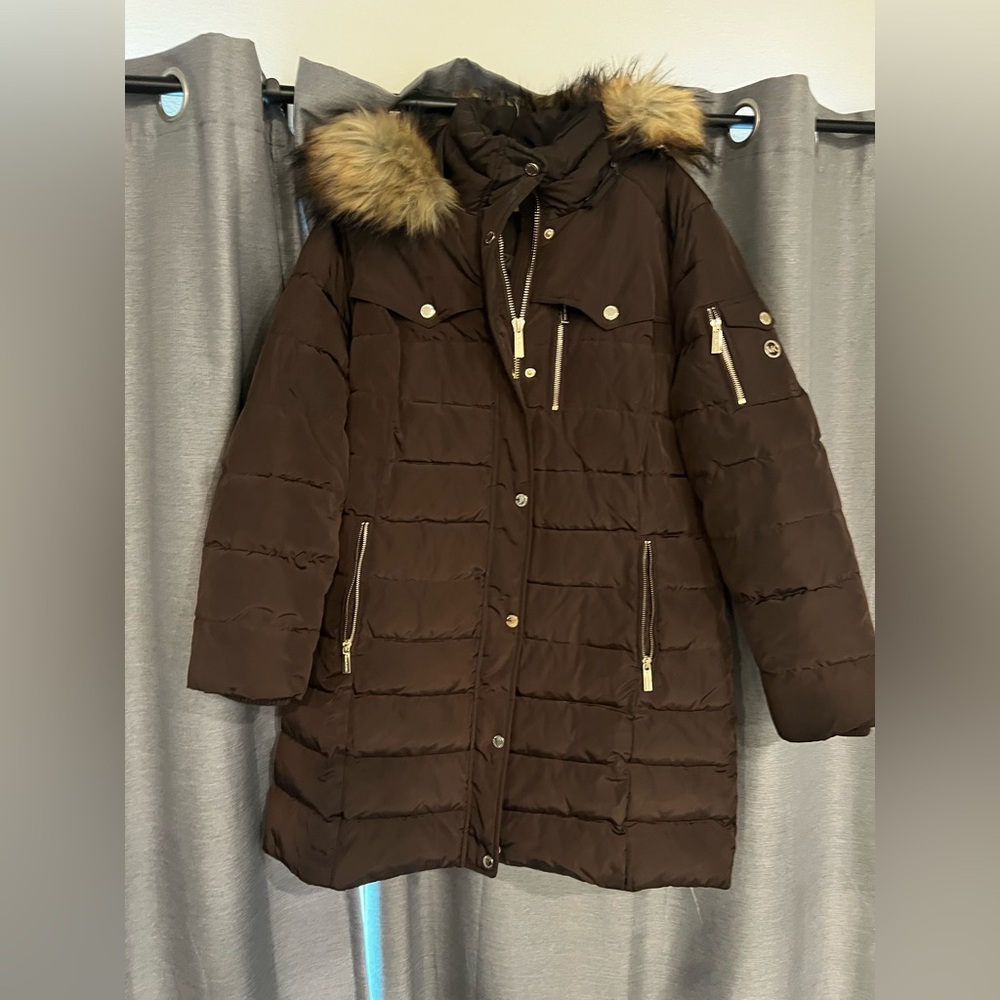 Michael Kors Brown Puffer Coat with Faux Fur Trim with Good Hardware NWOT